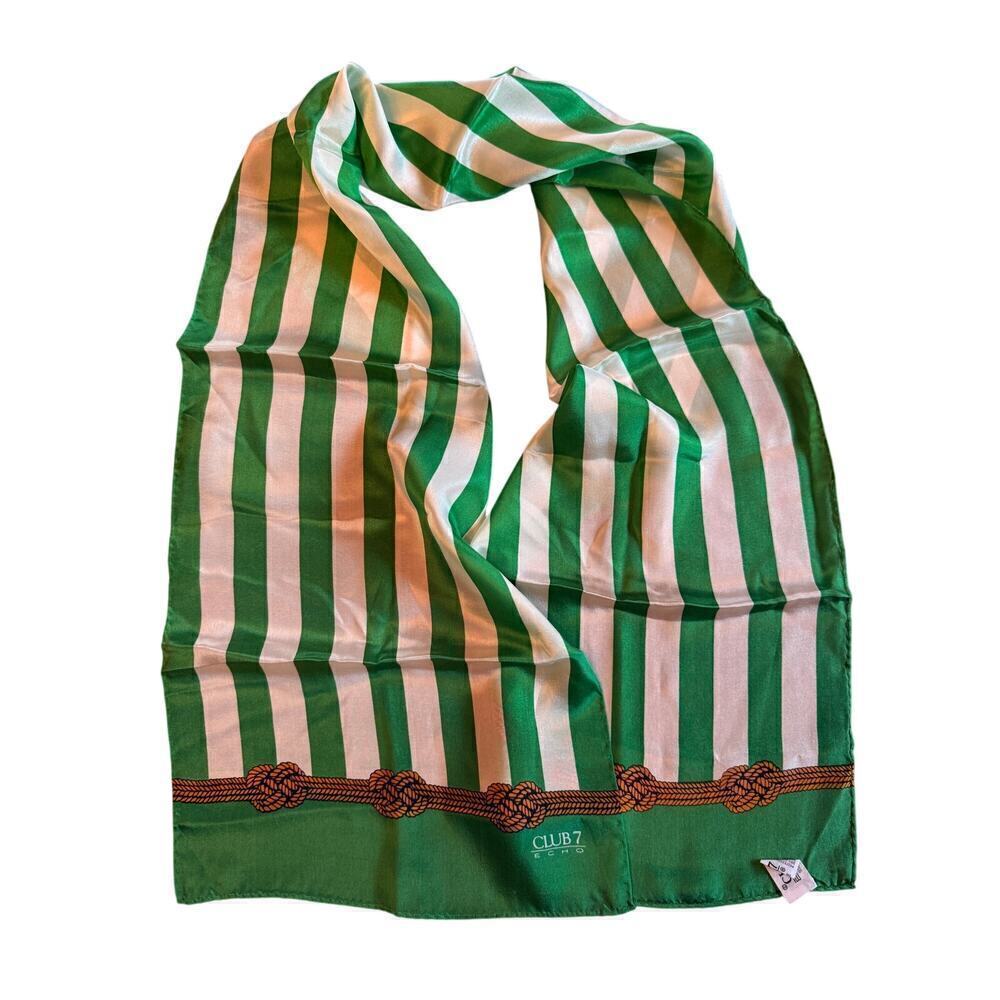 VTG CLUB 7 ECHO Green Striped Silk Scarf 52"x10" Rectangle